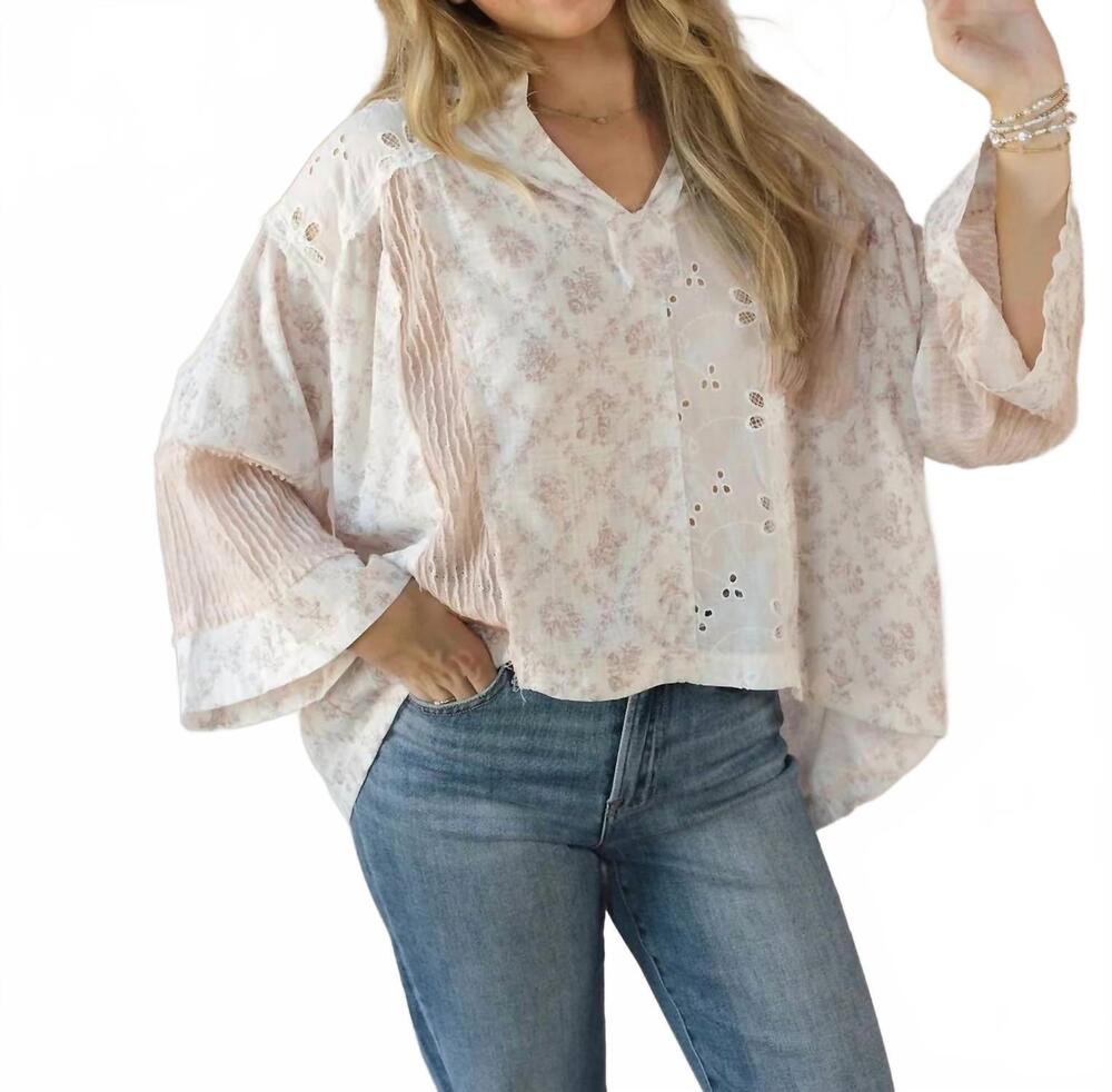 NEW POL destiny eyelet patchwork top in off white/blush